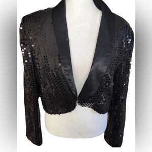 Vtg Designer Black Sequins  Cropped blazer Silk Trim USA Jonathan Tait women 16